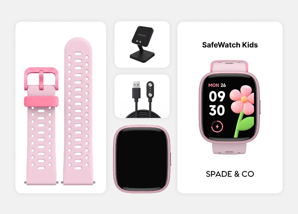 Pink SafeWatch Kids and included accessories