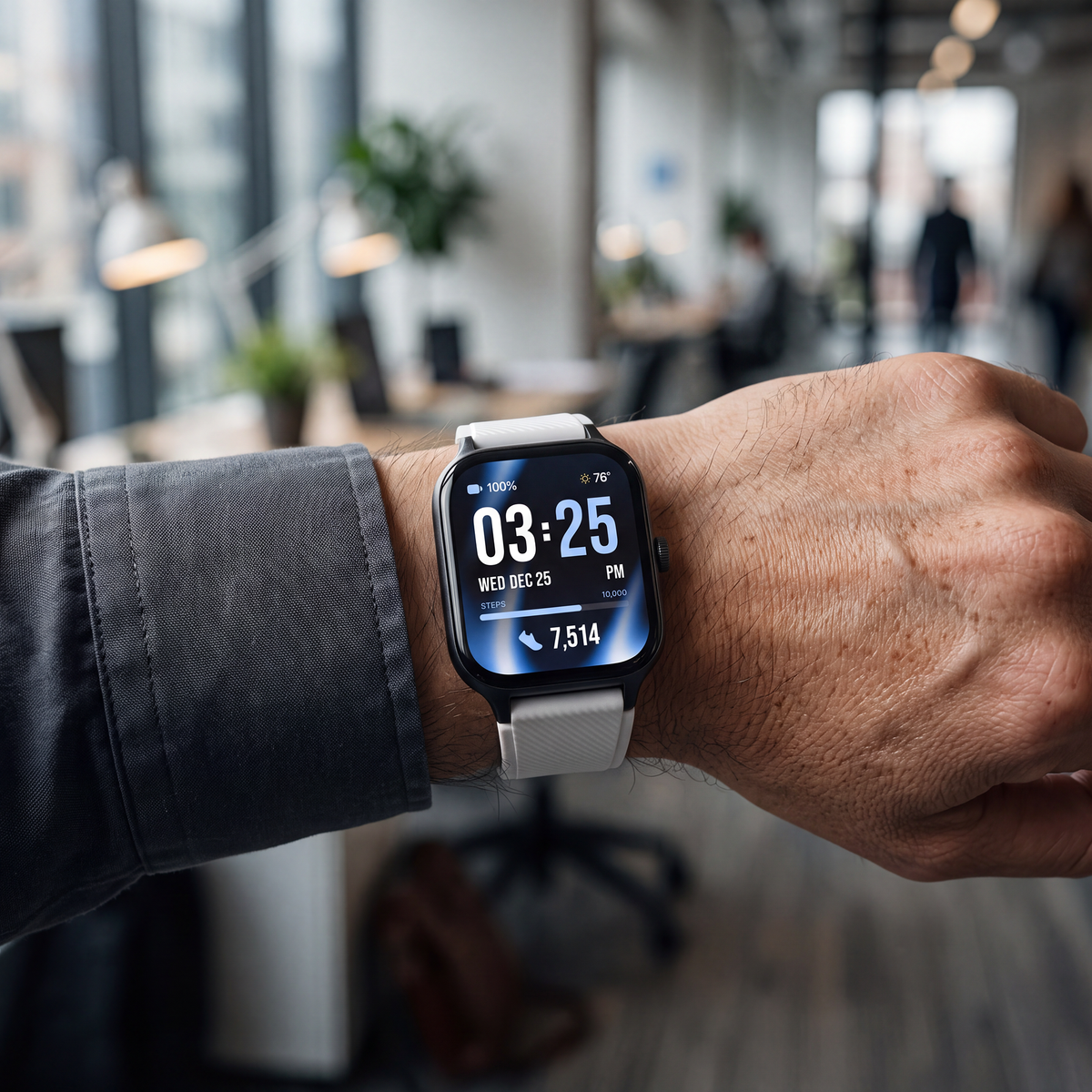 A close-up of a smartwatch on a person's wrist, showing a digital clock face with the time 03:25. The watch has a black rectangular screen with a white band, photographed in a blurred office environment.