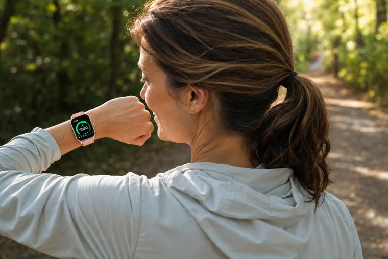 A woman in her early forties checking her steps on the rose-gold Health Smartwatch 4 while walking a trail