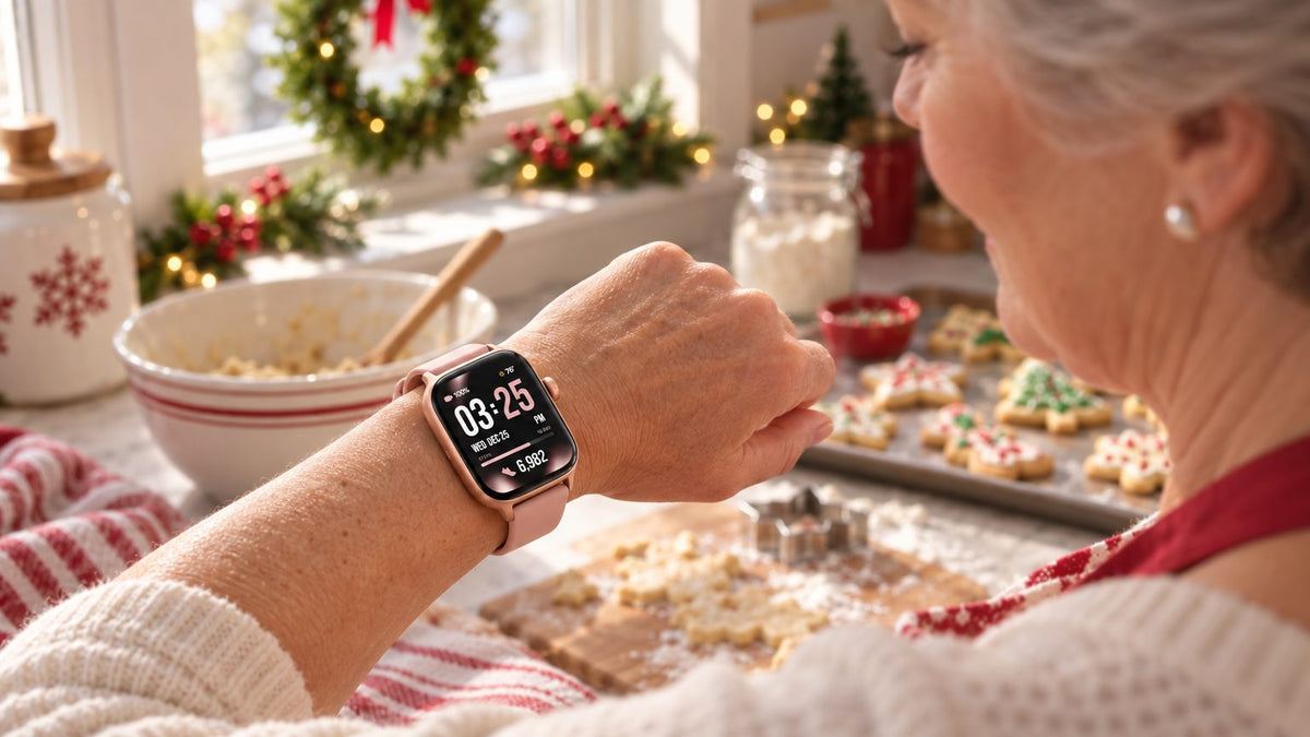 Woman checking her rose gold Health Smartwatch 5 while baking Christmas cookies