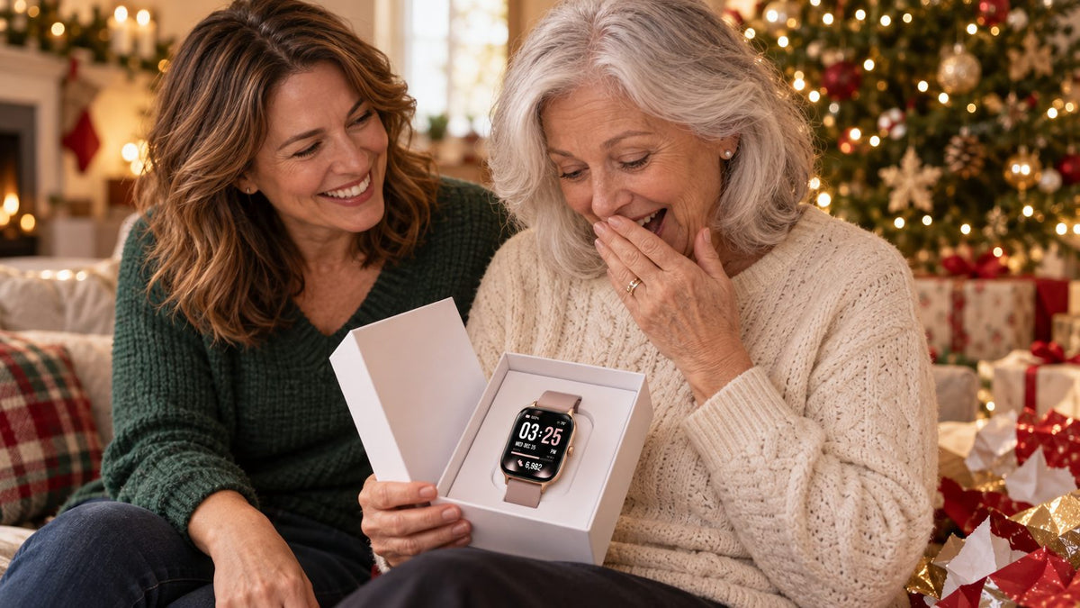 Mother opening a Spade & Co Health Smartwatch 5 on Christmas morning