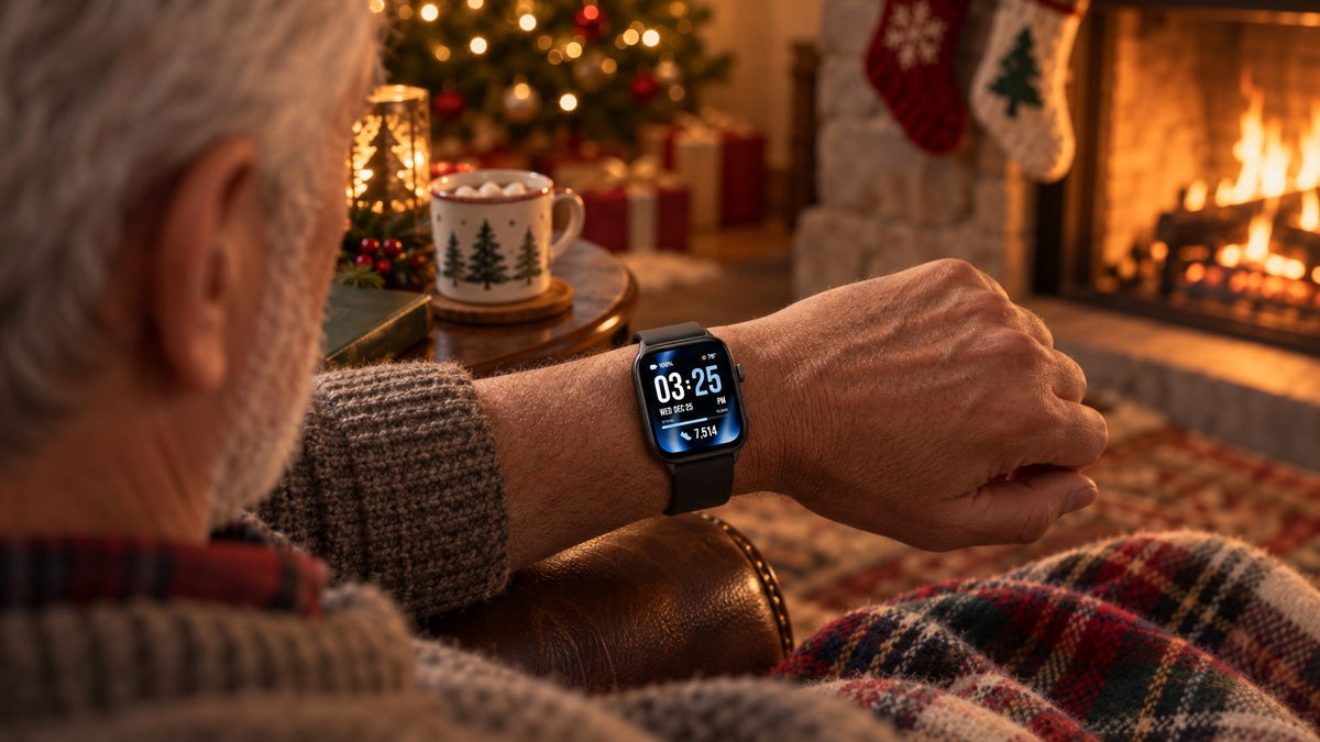 Man checking his Health Smartwatch 5 by the fire at Christmas