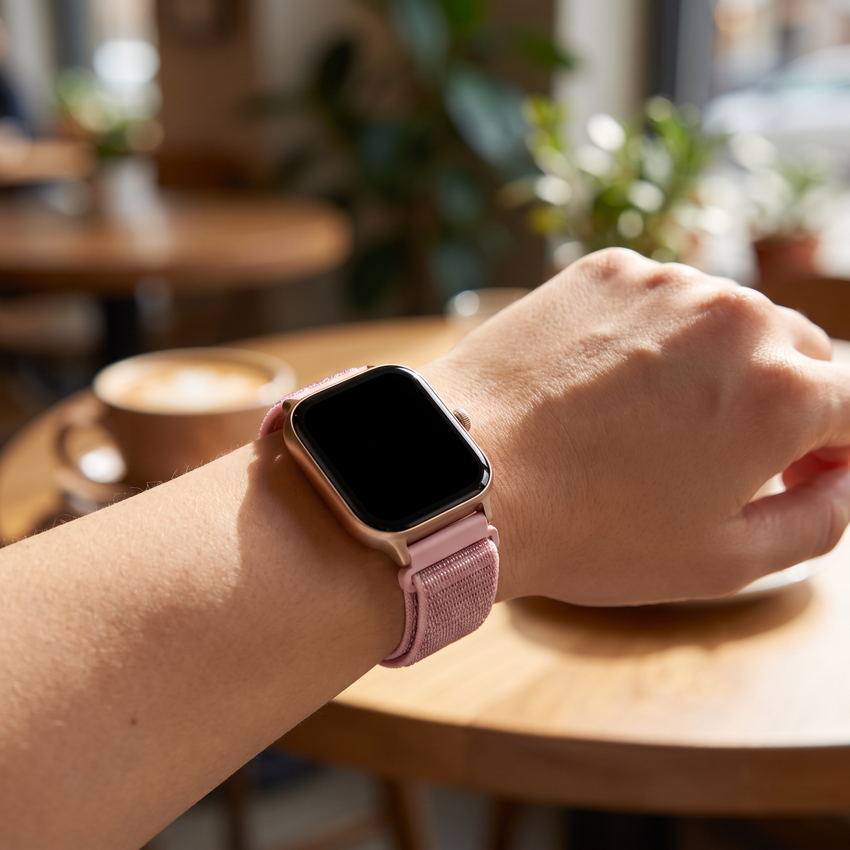 A close-up of a person's wrist wearing a smartwatch with a pink sand mesh band and a rose gold-toned case, set against a blurred cafe background with a table and coffee cup.