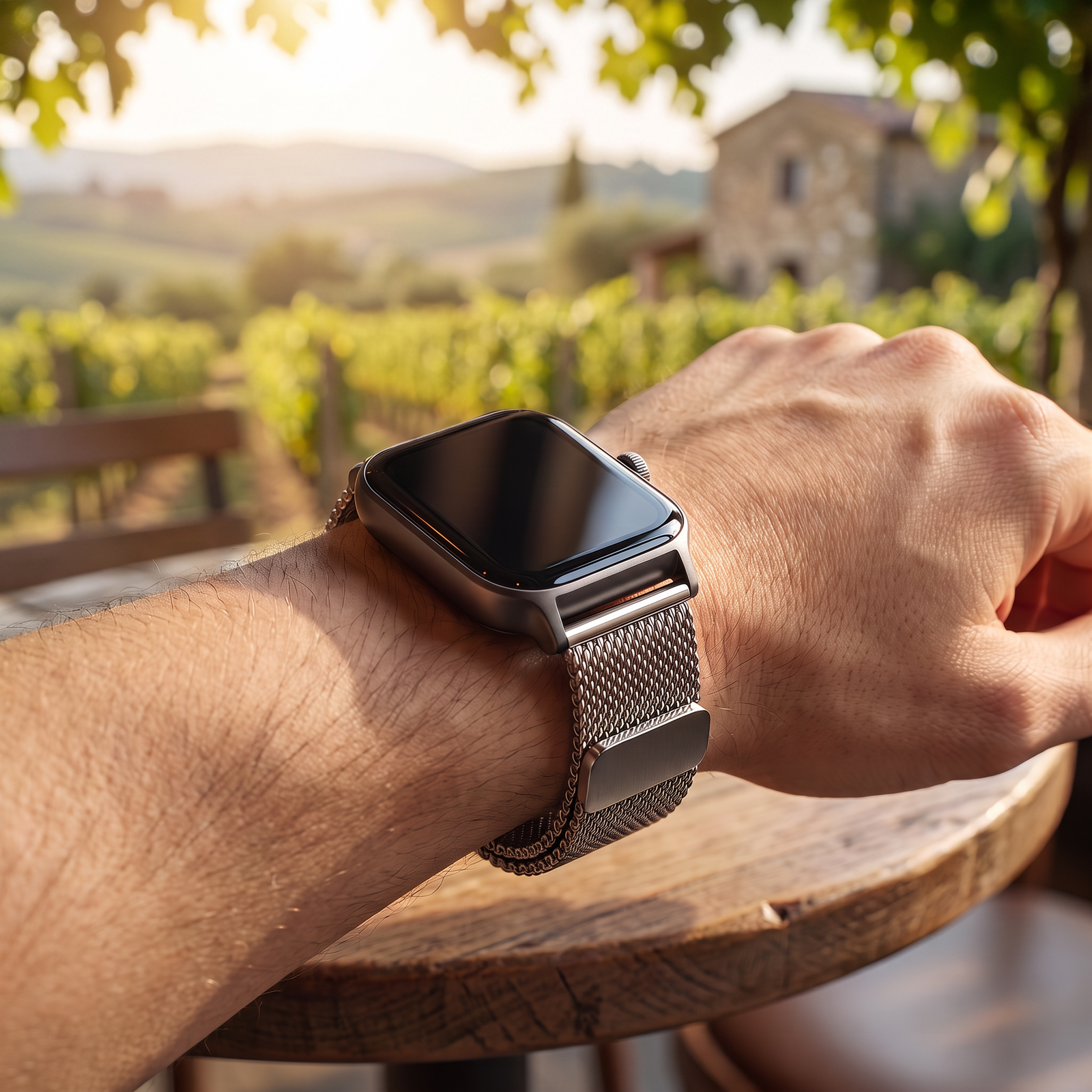 A close-up of a person's wrist wearing a smartwatch with a dark screen and a silver mesh metal band, resting on a wooden table with a blurred vineyard landscape in the background.