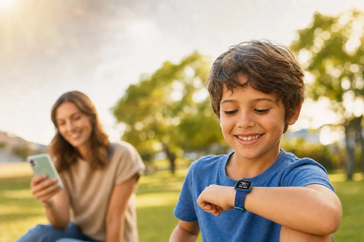 Child wearing SafeWatch Kids smartwatch outdoors