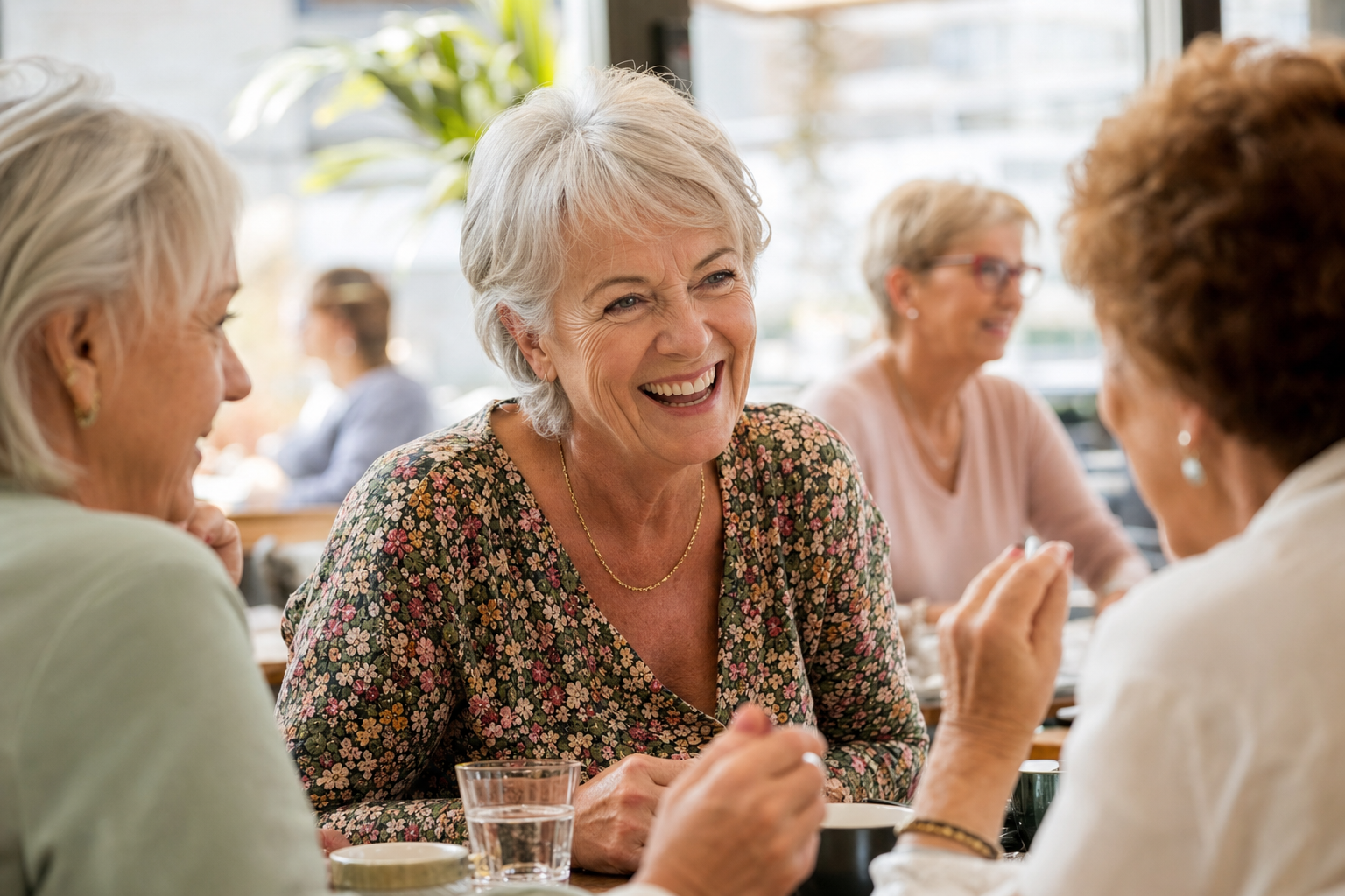 Woman following conversation easily with friends at a cafe